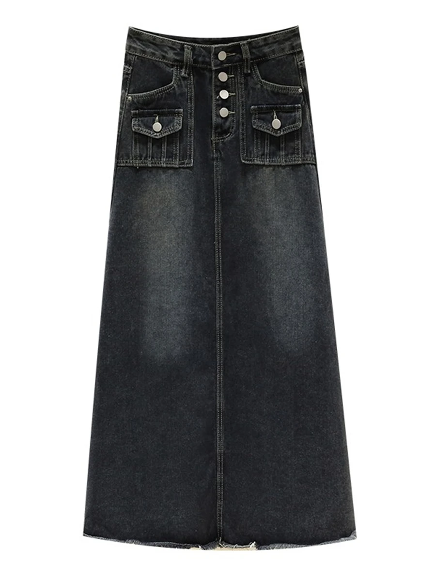 Jupe en jean boutonnée taille haute pour femmes printemps été nouveau Sle grande taille jupe parapluie longue trapèze tendance coton polyester...