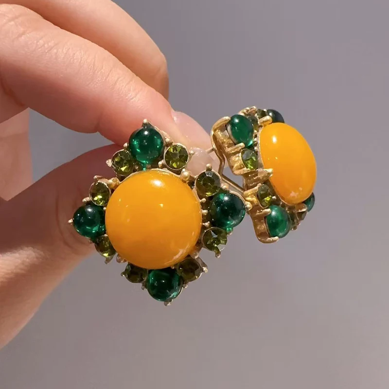 Vintage Square Large Yellow Agate Stud Earrings With Green Small Natural Stones Designer For Girls 2026 High Quality Gift New