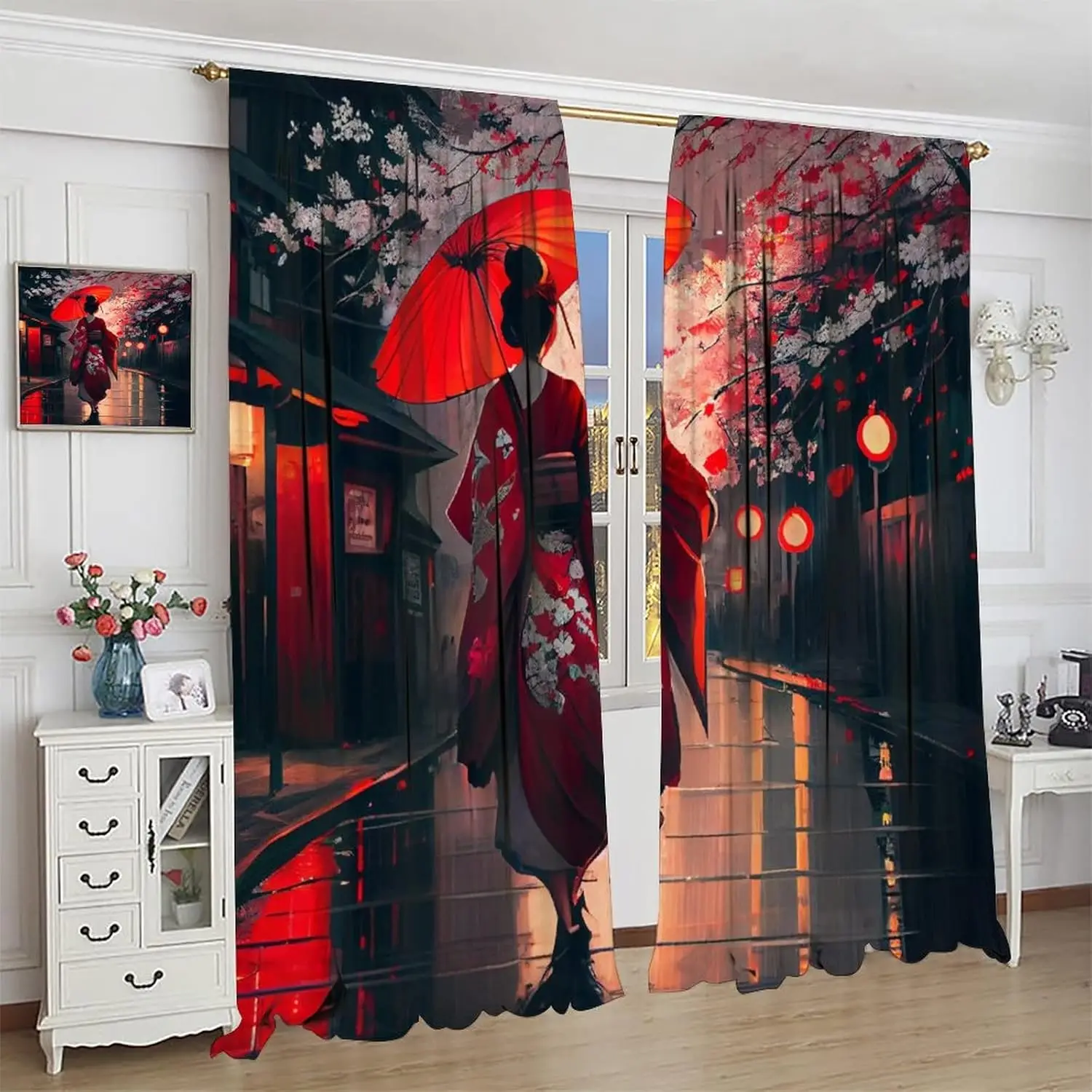 Japanese Blackout Curtain, Beautiful Flower Japan Geisha Girls Umbrella Cherry Blossoms Pattern Decor Windows Rod Curtains for