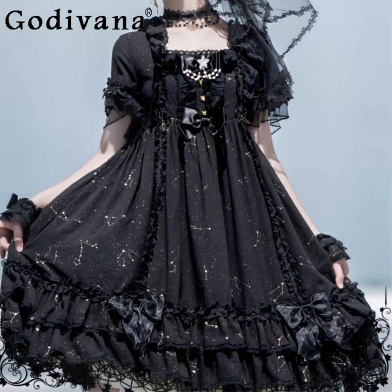 Lente Zomer Zware Industrie Strik Ruches Vierkante Hals Lolita Jurken Zoete Meisjes Hoge Taille A-lijn Veelzijdige Leeftijdsreductie Jurk