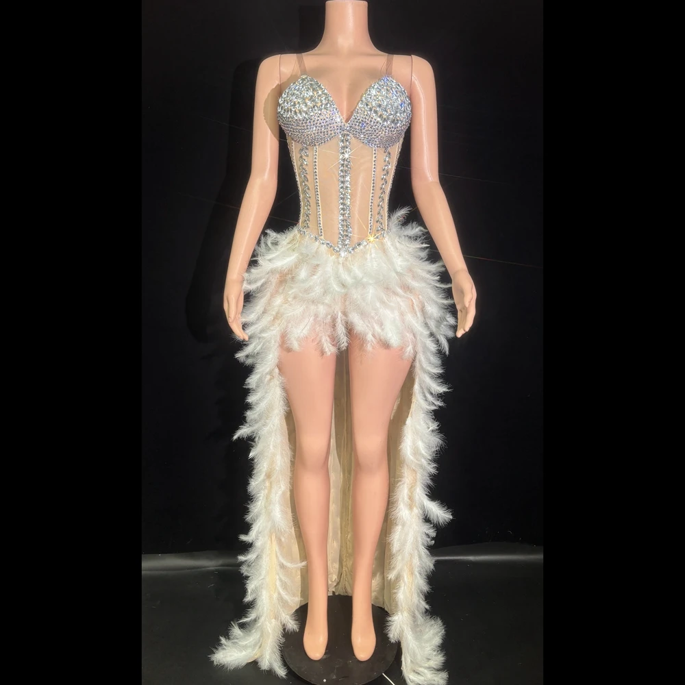 

Sparkly Rhinestones Slip Bodysuit Feathers Long Tail Dress Women Sexy Transparent Evening Celebrate Birthday Dress Stage Wear