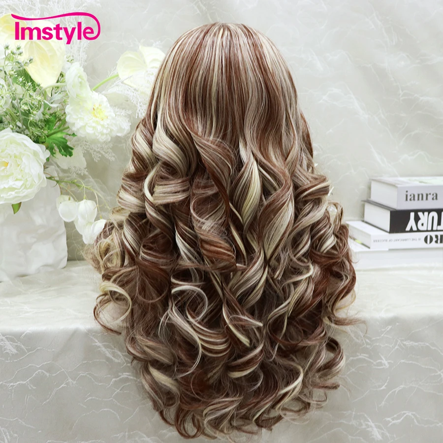 Imstyle Chestnut Brown Wig Synthetic Lace Front Wig Highlight Blonde Long Wigs For Women Heat Resistant Fiber Cosplay Wig
