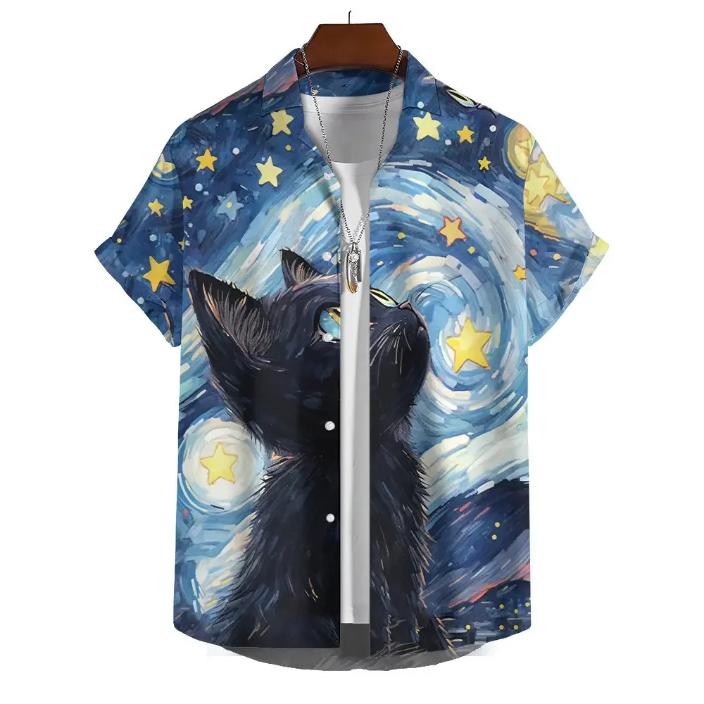 Summer Men's Printed Short Sleeve Shirt Oil Painting Starry Sky Cartoon Cat Print Street Daily Casual Oversized Tops SIZE S-5XL