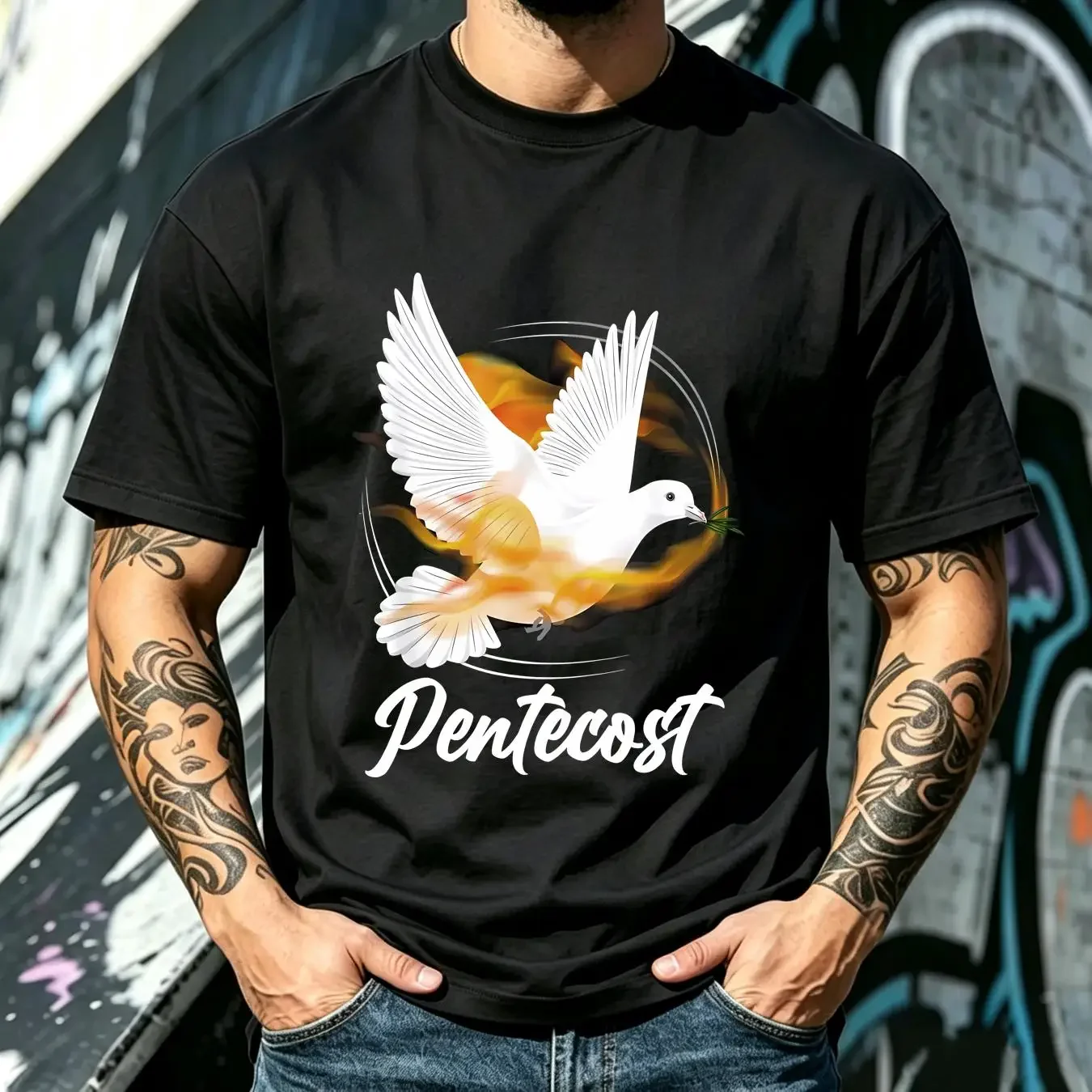 washed T Shirt NEW LIMITED Pentecost Doves Tongues Fire Flame Holy Spirit Catholic vintage Washed Breathable homme