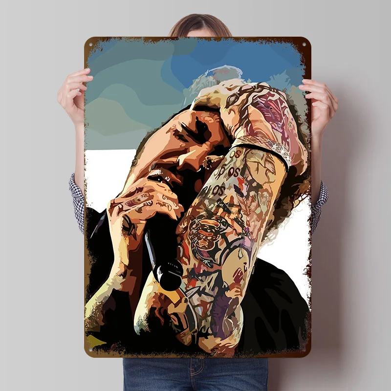 Tattooed Singer With Microphone Tinplate Poster Customized Wall Art Vintage Metal Signs Retro Plates for Bar Accessories House