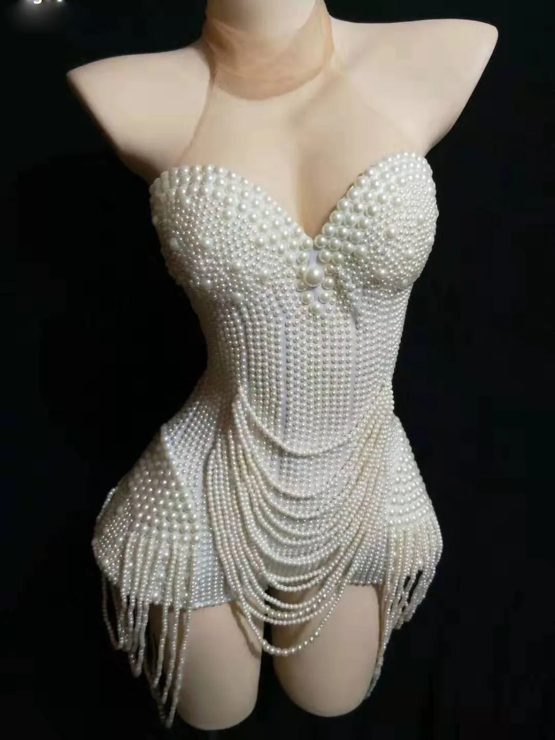 Podiumkleding Strass Bodysuit Danseres Witte Kralen Parels Kwastje Vrouwen Feest Bodysuits Performance Podiumkleding