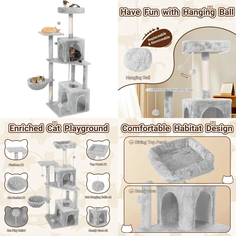 

54-дюймовая домашняя кошачья лежанка-башня с плюшевыми уровнями, когтеточками, корзиной и площадками для отдыха, светло-серая