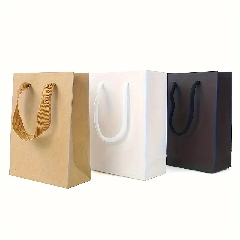5pcs (Brown/White/Black) Kraft Paper Gift Bags with Handles, Durable Shopping Carry Bags for Party Wedding Retail Gift Packaging