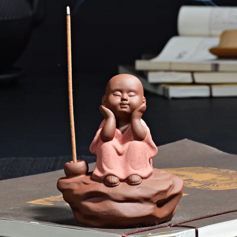 Freedom Happy Monk Tea Pet Accessories  Ceramic Zen Set Incense Stick Holder Handmade Home Decorations Mascot