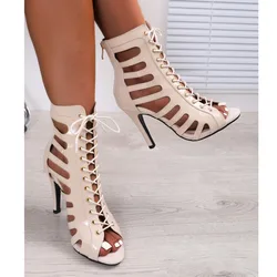High Quality Lace-up Boots Stilettos Jazz Dance Women's shoes Outdoor Sexy Booties Beige