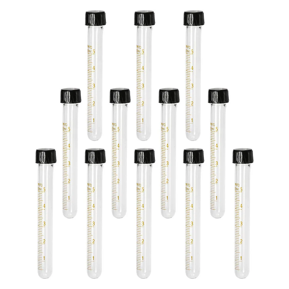 

12Pcs Glass Test Tubes Round Bottom Black Screw Caps Transparent Laboratory Centrifuge Vials Accurate Scale Sample Storage Clear