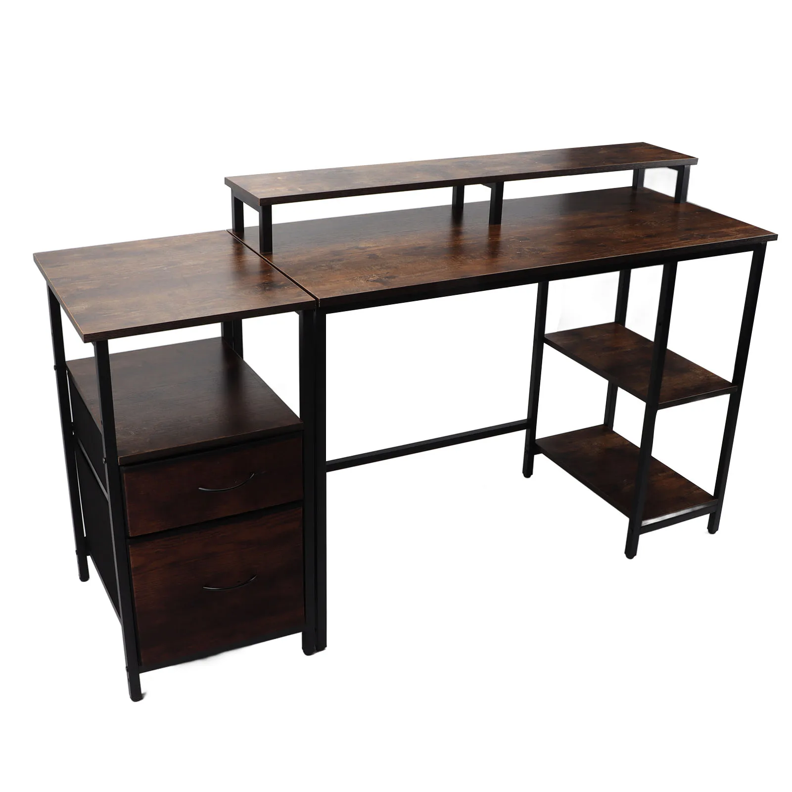 Vintage Computer Desk with Raised Shelf Drawers Artificial Board Metal Industrial Computer Table for Home Study Room