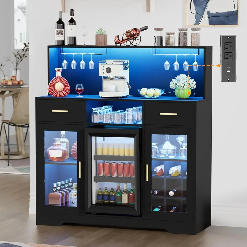 

Illuminated Wine Bar Cabinet with Glass Holders and Built-in Power Outlet