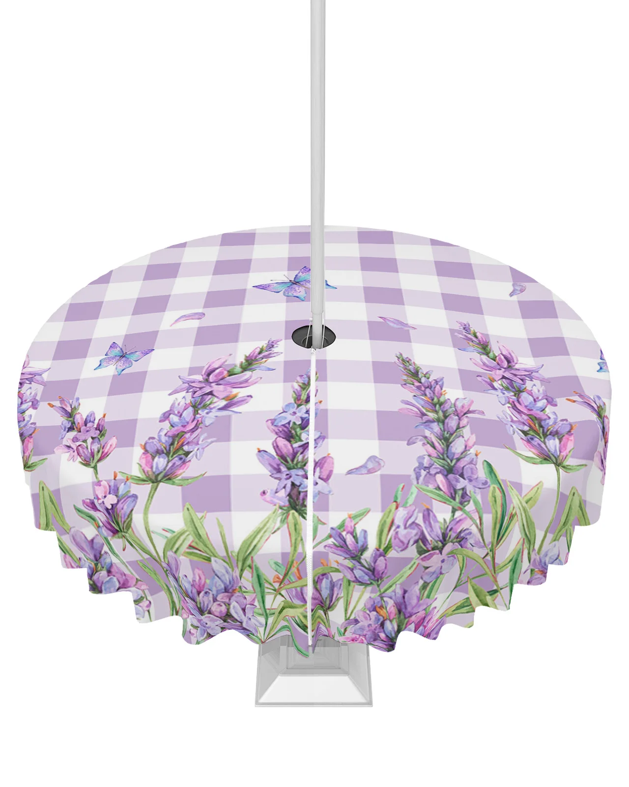 Purple Lavender Flower Butterfly Purple Plaid Outdoor Tablecloth with Umbrella Hole Zippered Waterproof Patio Round Table Cover