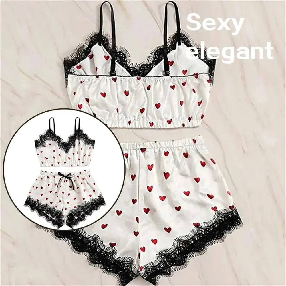 2PCS Pajama Suit Women Fashion V-Neck Stretch Satin Lace Sexy Lingerie Bowknot Pyjamas Sleep Shorts Set Sleepwear Sling Set New