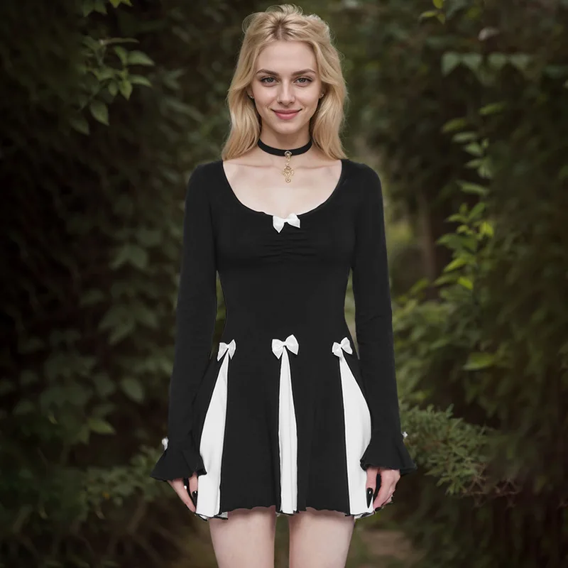 

Autumn Mini Women's Short Dresses New Patchwork Colors Bows Long Sleeve Sexy Cheap Clothes Slim Female Clothing Hottie Steetwear