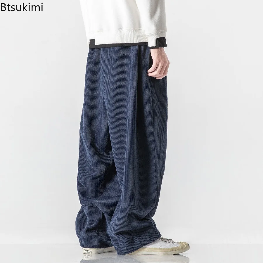 New Men's Corduroy Pants Vintage Loose Casual Trousers Street Style Drawstring Straight Pants Men Solid Versatile Wide Leg Pants