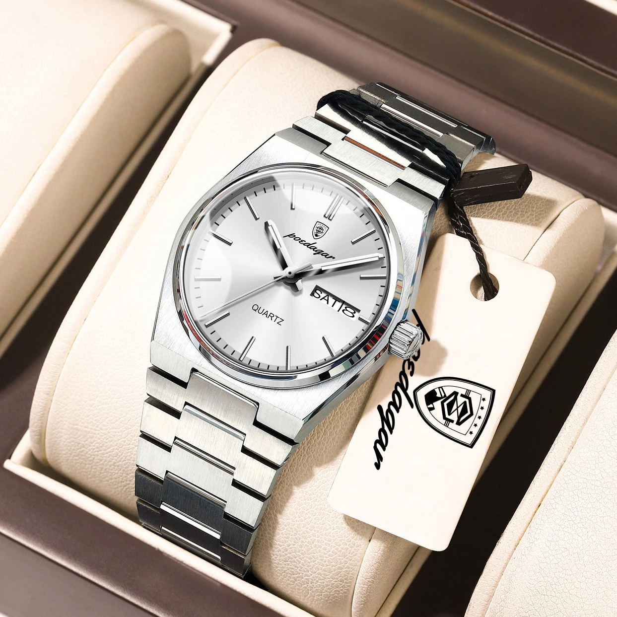 POEDAGAR Exquisite Uhren für Damen, wasserdicht, leuchtend, mit Datums- und Wochentagsanzeige, Damenuhr aus Edelstahl, luxuriöse Quarz-Armbanduhr für Damen