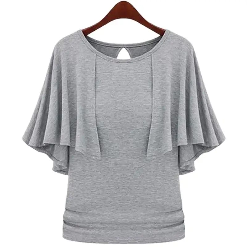 

New European Style Tops shirts,2024 Summer women ruffles batwing sleeve cotton t-shirts blusas, clothes