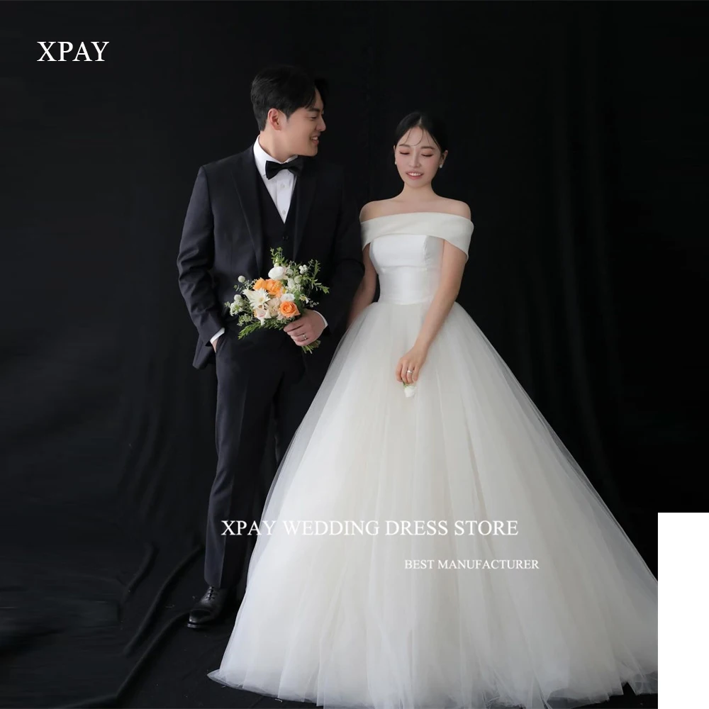 

XPAY Simple A Line Tulle Korea Wedding Dresses Photo shoot Bolero Strapless Tulle Princess Bridal Gowns C