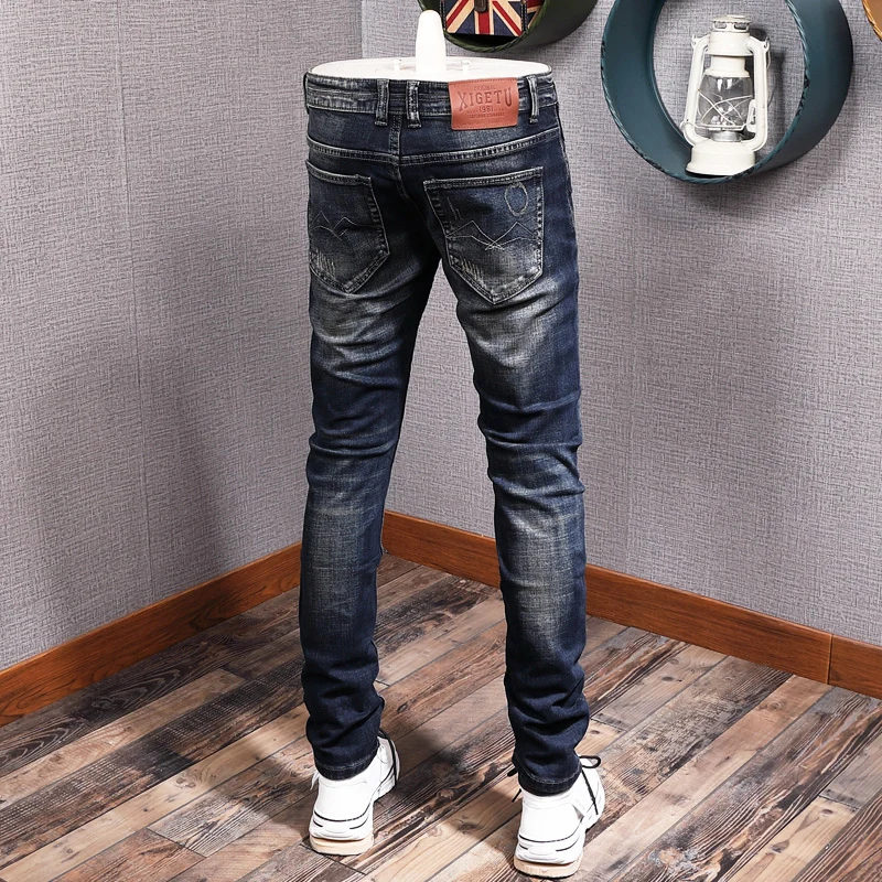 Italian Style Fashion Men Jeans Retro Black Blue Slim Ripped Jeans Men Hole Trousers Vintage Designer Casual Denim Pants Hombre