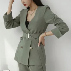 Women's Autumn and Winter New Fashion Elegant V-neck Button Temperament Commuting Long Sleeved Slim Fit Suit Two-piece Set