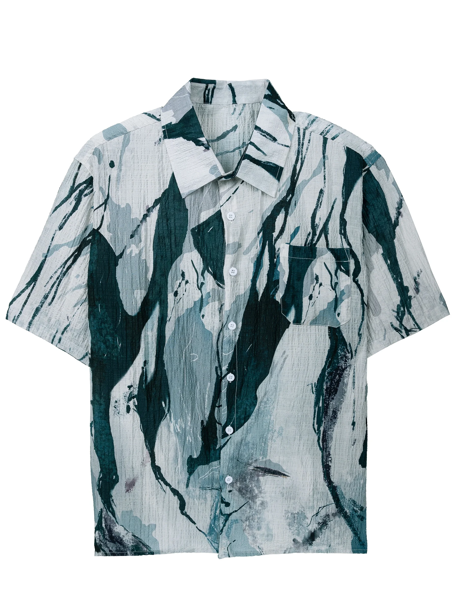 Men's Printed Shirt, Fashionable Branch Pattern Lapel Cardigan, Short-Sleeved Summer Beach Trend And Individual Top