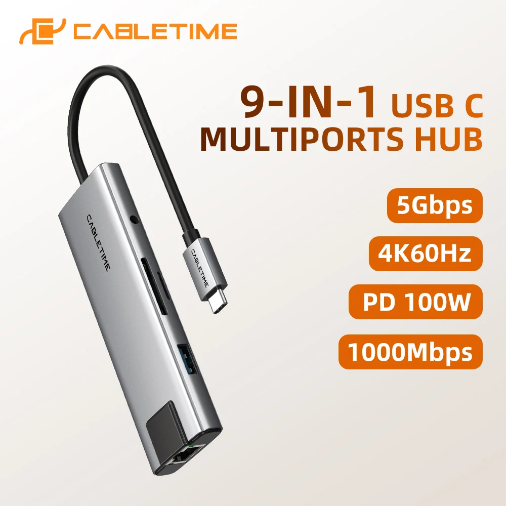 

Многофункциональный USB-концентратор CABLETIME 9-в-1 с разрешением 4K@60Гц, портами USB 3.0, RJ45, HDMI, слотами для карт SD/TF и поддержкой PD 100W для монитора и MacBook Pro/Air