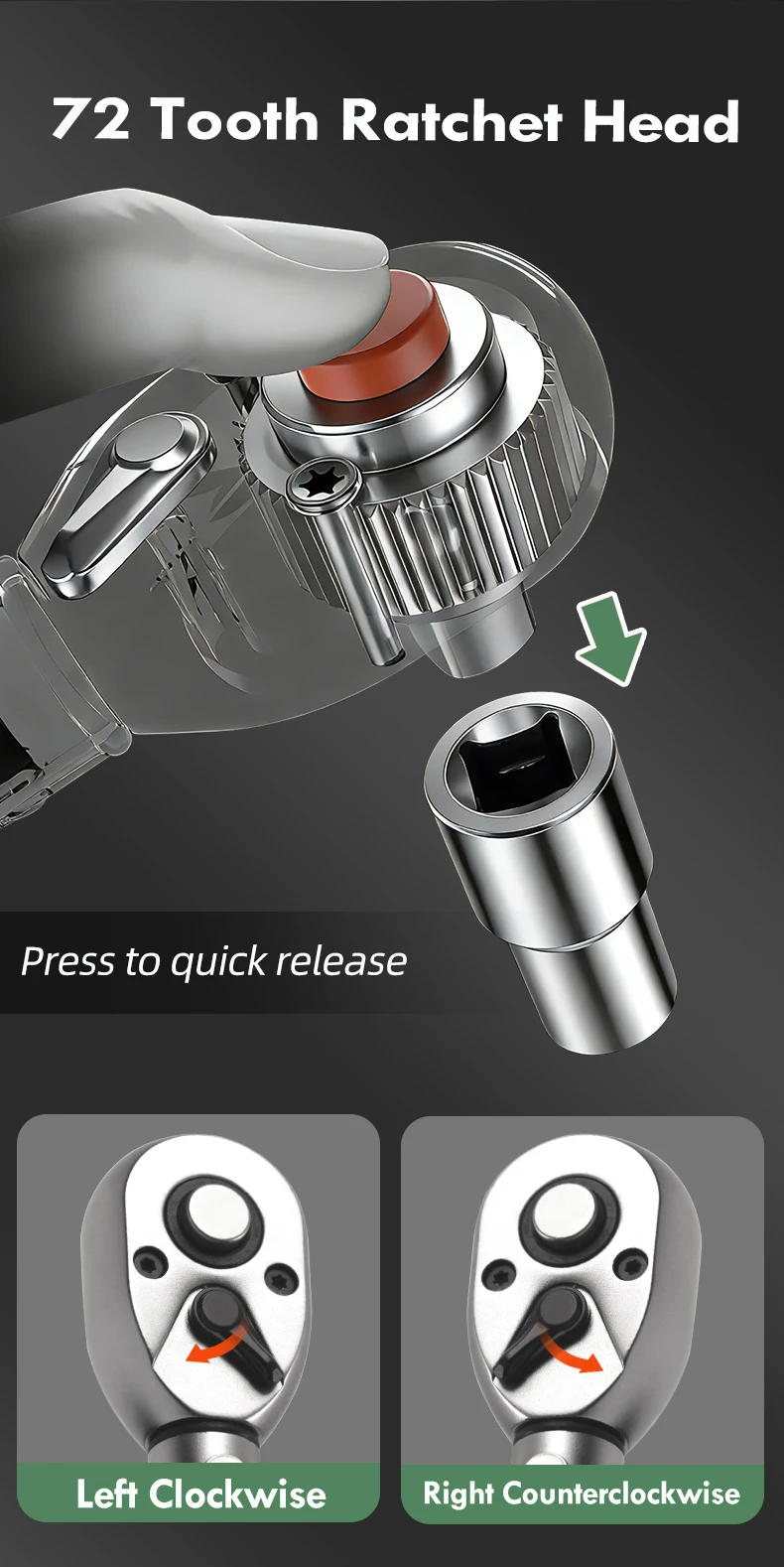 Toolisyn 6-teiliger 1/4"3/8"1/2" Drehmomentschlüssel-Satz 2-220N.m 72 Zähne ±3% Genauigkeit Klick-Drehmomentschlüssel für Fahrrad Motorrad Auto – Detail 8
