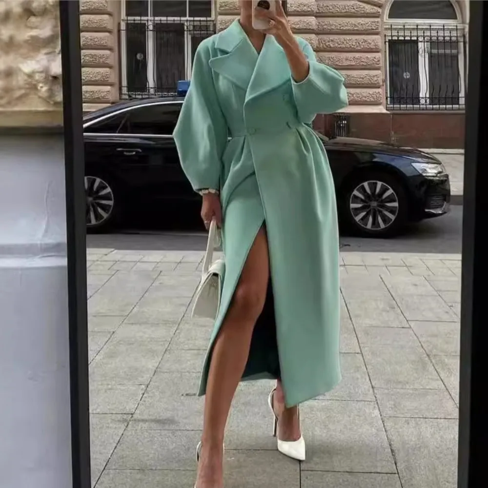 

Women's Long Woolen Long Coat Autumn Winter Elegant Female Fashion Retro Palace Lantern Long Sleeve Large Lapel Woolen Jacket