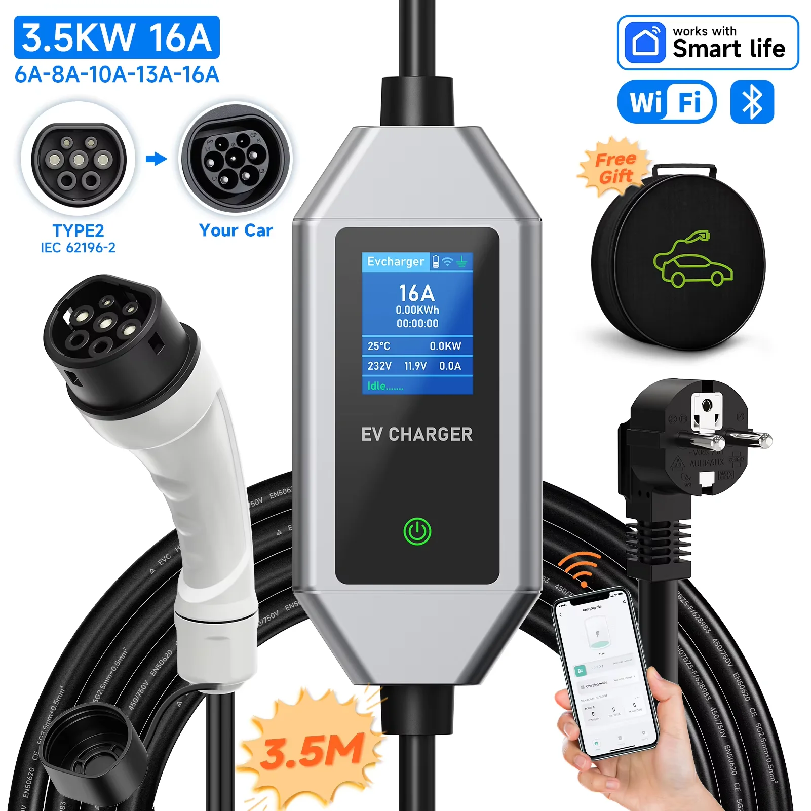 

AFYEEV 3.6KW Type2 EV Portable Charger 16A 1Phase Type1 / GB/T Plug Connector Wallbox Charging Station For Electric Vehicle