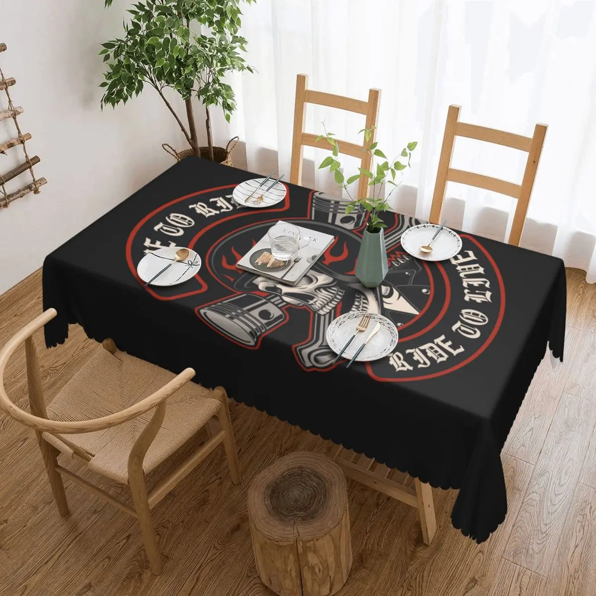 Customized Rectangular Waterproof Rockabilly Rock Biker Motorcycle Skull Table Cover Table Cloth Tablecloth for Dining