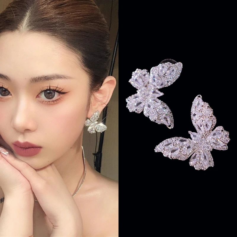 Butterfly zircon earrings women's light luxury super flash earrings bridal wedding accessories banquet silver needle earrings