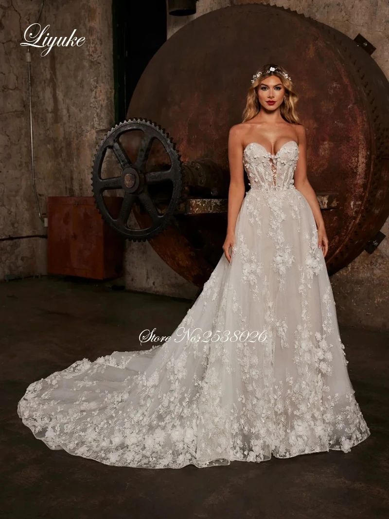 Liyuke Customize Strapless A-Line Wedding Dress Beading 3D Flowers Appliques Lace Customs made Off The Shoulder Bride Gowns