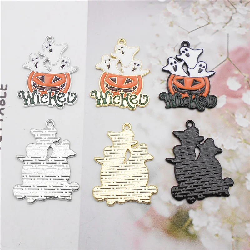 Julie Wang 6PCS Enamel Halloween Ghost Pumpkin Charms Cartoon Wicked Pumpkin Alloy Pendants Bracelet Jewelry Making Accessory