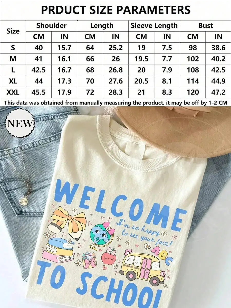 Women's Retro Welcome To School Pastel Cute Bus Globe Apple Elementary Teacher Preppy Back To School Student Graphic Print T‑Shirt Crew Neck Short Sleeve Casual Tee Top