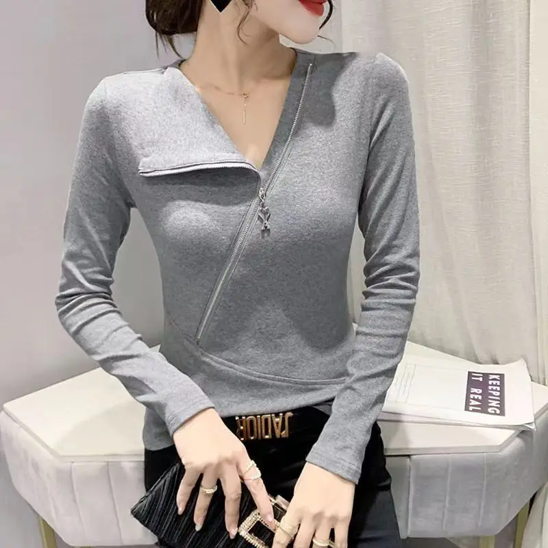 Autumn and Winter Women's Pullover V-neck Patchwork Zipper Solid Slim Bottom Fashion Casual Elegant Commuter Long Sleeve Tops