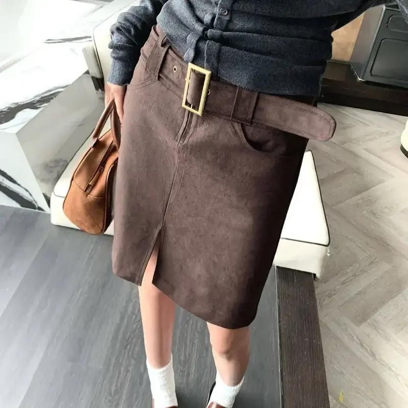 Women 2 Colors Faux Suede Short Skirts With Detachable Gold Buckle Belt High Waist Autumn Winter New Front Split Straight Skirts