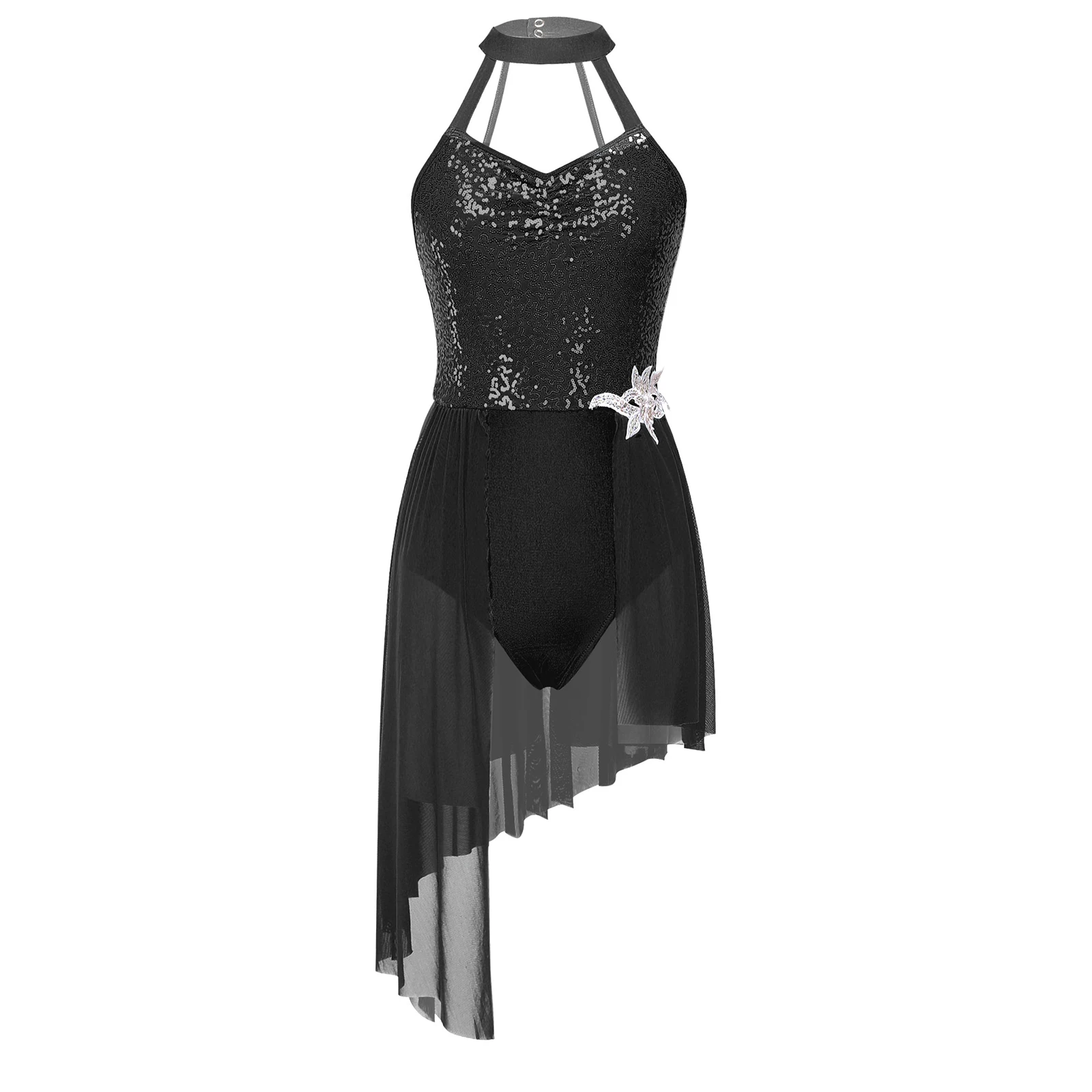 Adult Sequin Leotard Ballet Dance Dress Womens Sparkling Asymmetrical Hem Latin Dress Dancewear Figure Skating Competition Dress