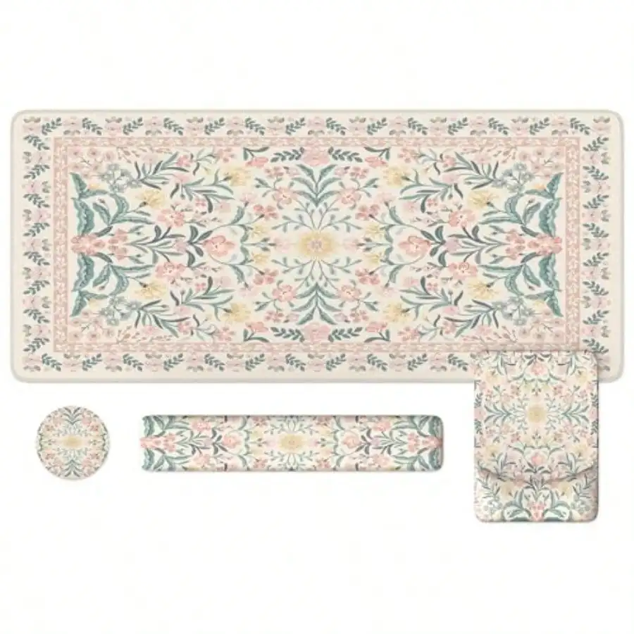Pink Desk Mat Set Cute Non-Slip Mouse and Keyboard Pad Mat for Desk Ergonomic Desk Mouse Pad Extra Large Floral Teacher Desk