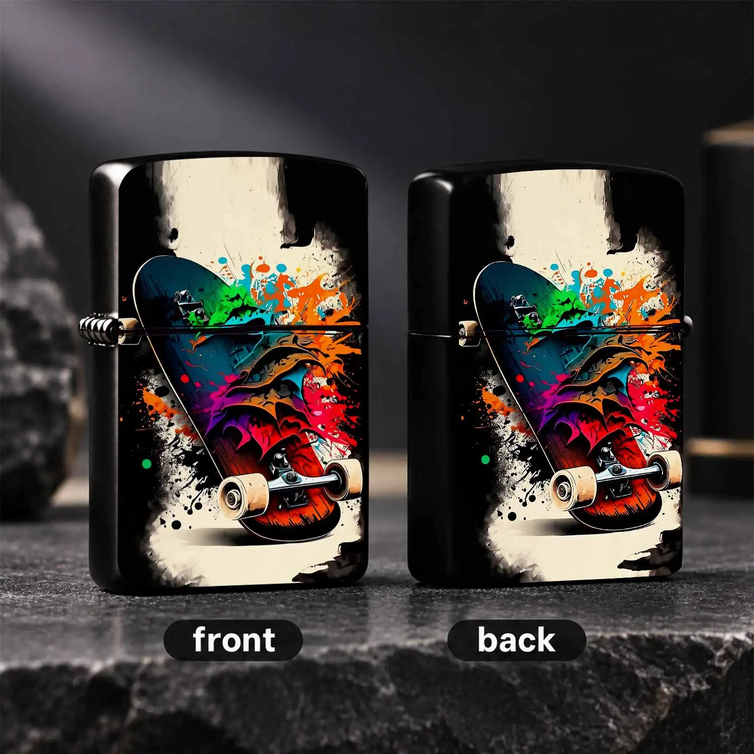 Trendy Graffiti Skateboard Themed Lighter, Gradient Splash Ink Art Design, Portable For Daily Carry, Perfect For Outdoor Trips And Gatherings, Unique Creative Practical Gift For Friends, Stylish Vibe Decorative Small It A Humorous And Inter