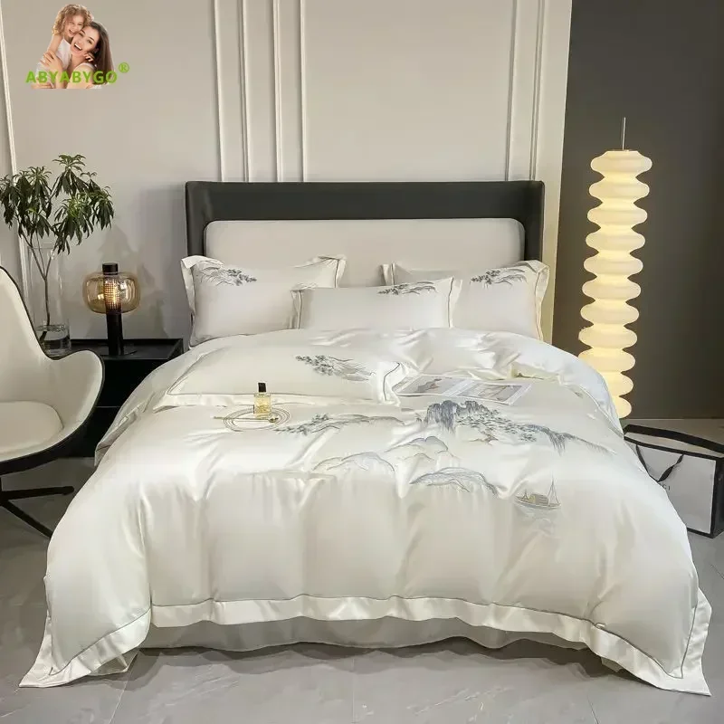 New Arrival Chinese Style Landscape Embroidery Bedding Set Luxury Silky Quilt Cover Duvet Cover Set Soft Bed Sheet Pillowcases