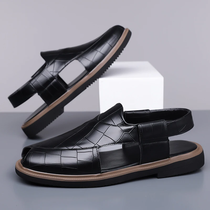 

Мужские деловые повседневные кожаные сандалии с закрытым носком и ремешком на пятке, летние офисные винтажные сандалии, мужская повседневная деловая обувь