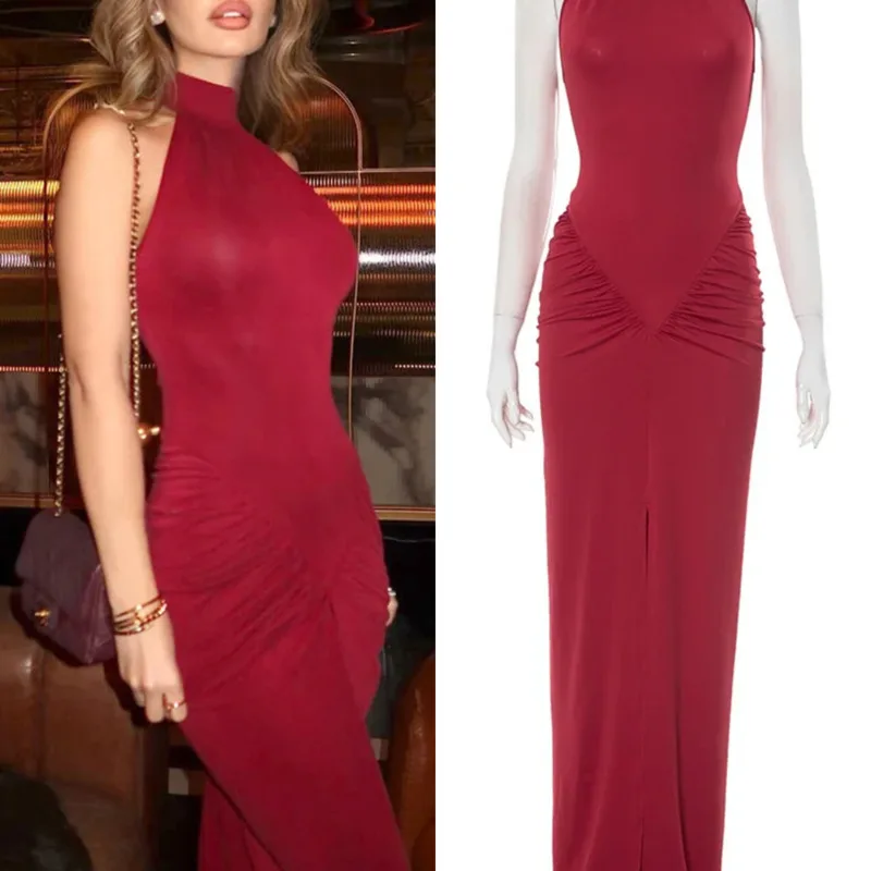 

New Summer Solid Sleeveless Halter-neck Dress Sexy Fitted Ruched Slit Maxi Dresses Fashion Women's Fitted Banquet Evening Gown