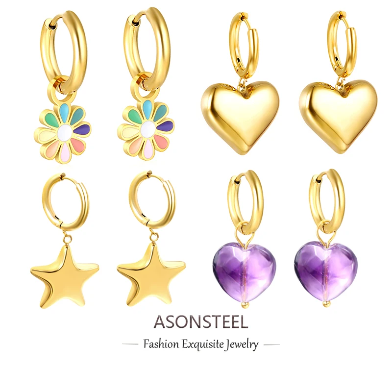 ASONSTEEL Colorful Flower Heart Star Drop Earrings Stainless Steel Golden Crystal Hoop Earring For Women Jewelry Gift Delicate