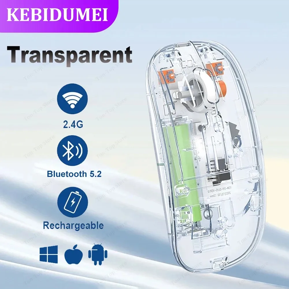 Bluetooth Mouse 2.4G Wireless Mouse Dual-Mode Transparent Mouse 1600 DPI Silent Mouse Rechargeable Mice for PC Laptop Macbook