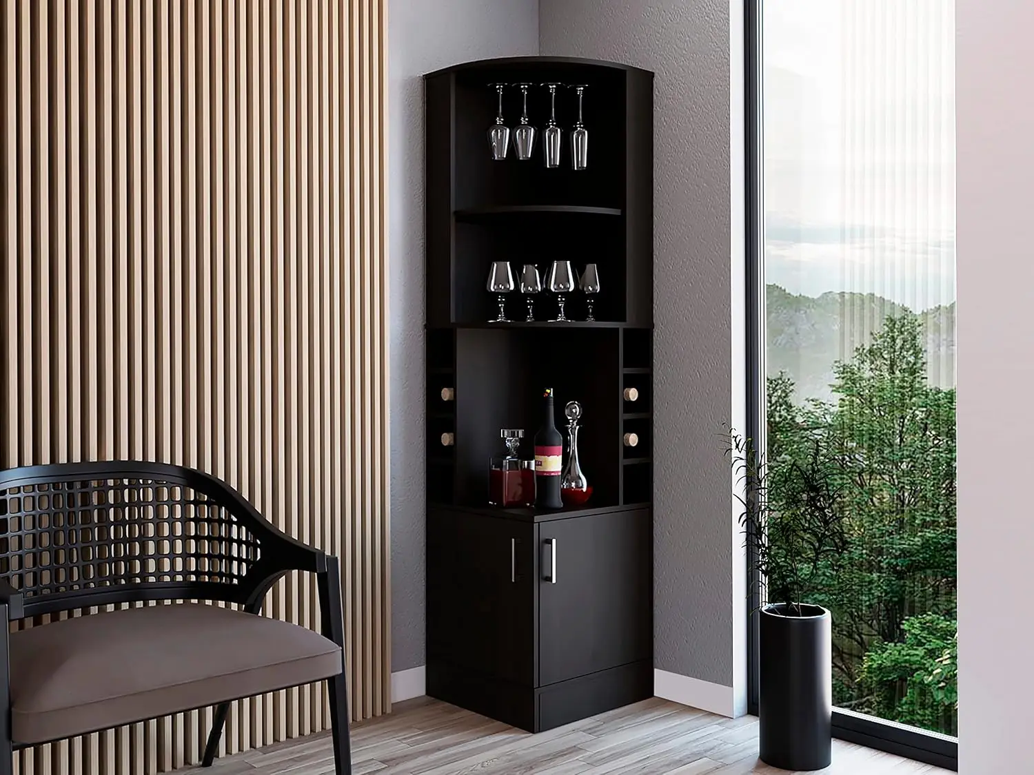 Corner Bar Cabinet with 2 Shelves, Glass Holder, 8 Bottle Racks, Drawer & 2 Doors, 71