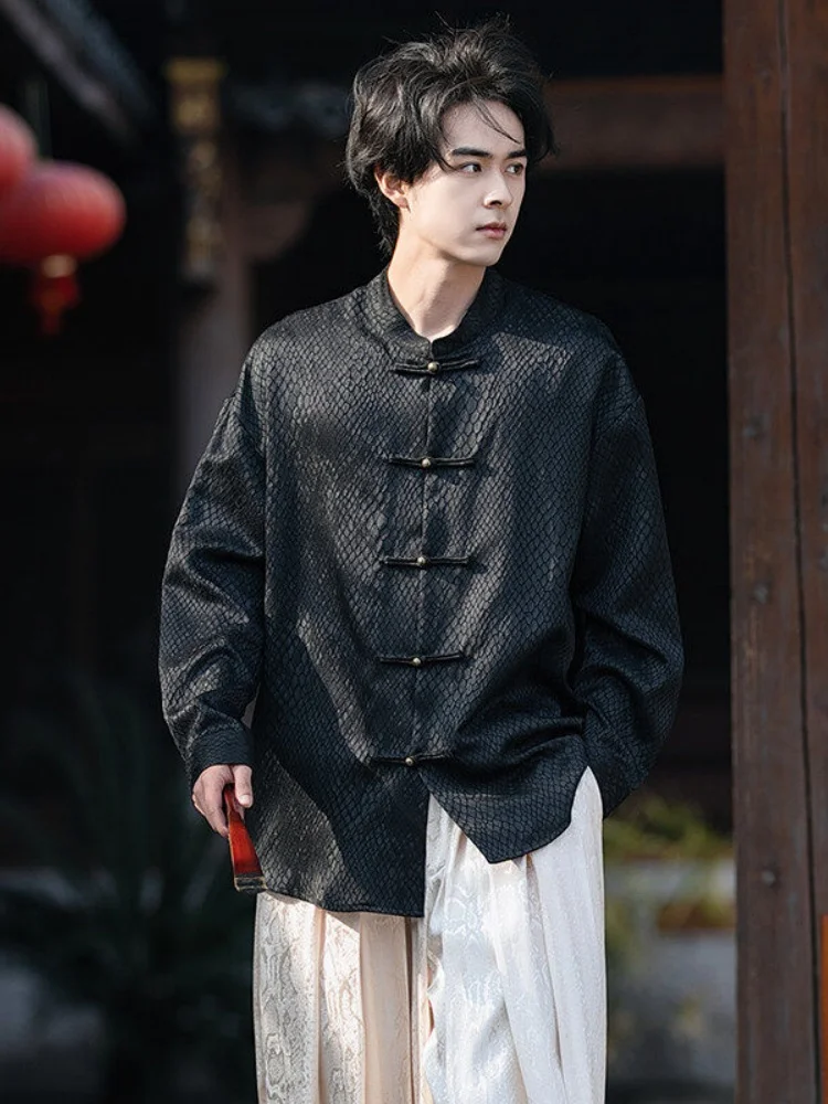 

Новая китайская мужская рубашка с длинным рукавом, весенне-осенняя, с вышивкой, рельефным узором, воротником на пуговицах, в стиле Тан, Ханьфу