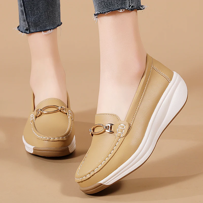 Slip On Women Loafers Women Shoes 2024 New Leather Flat Shoes With Wedge Heels Casual Flats Zapatos Mujeres Moccasins Female