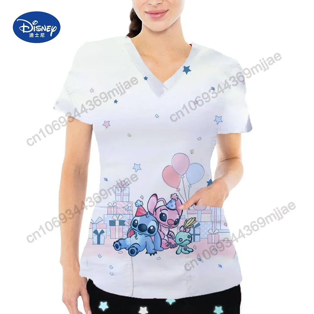 New Disney Cartoon Pattern Printed Women's Top for Summer 2024, Casual and Comfortable Nurse Dress, V-neck Double Pocket Design